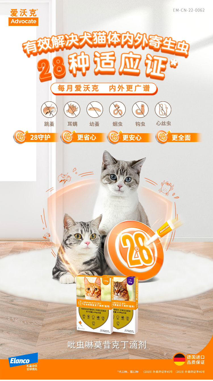 拜耳爱沃克猫用内外同驱滴剂48kg整盒08ml支3支